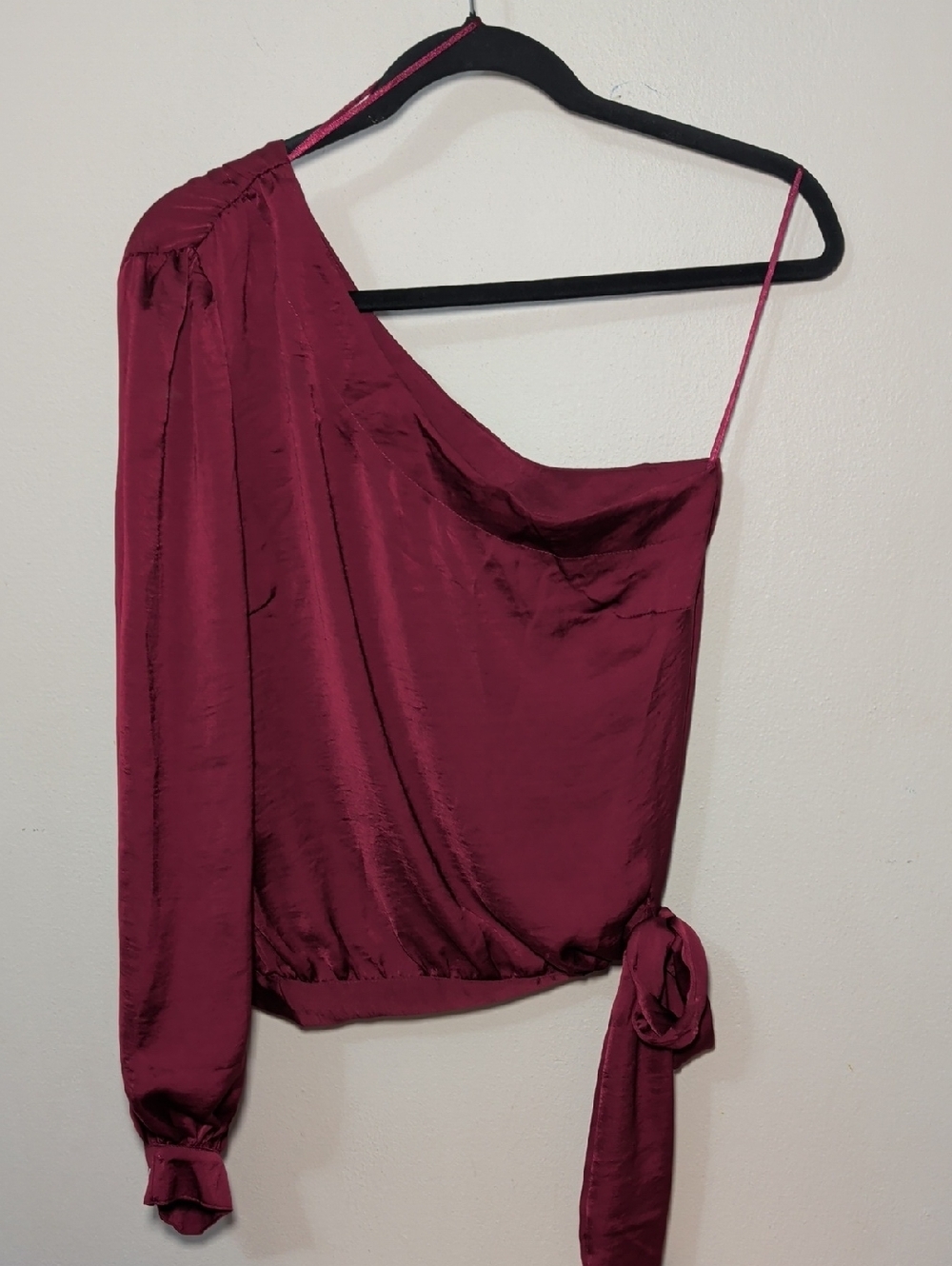Pants Store One-Shoulder Satin Top in Wine Red Tie Waist Women's Size M